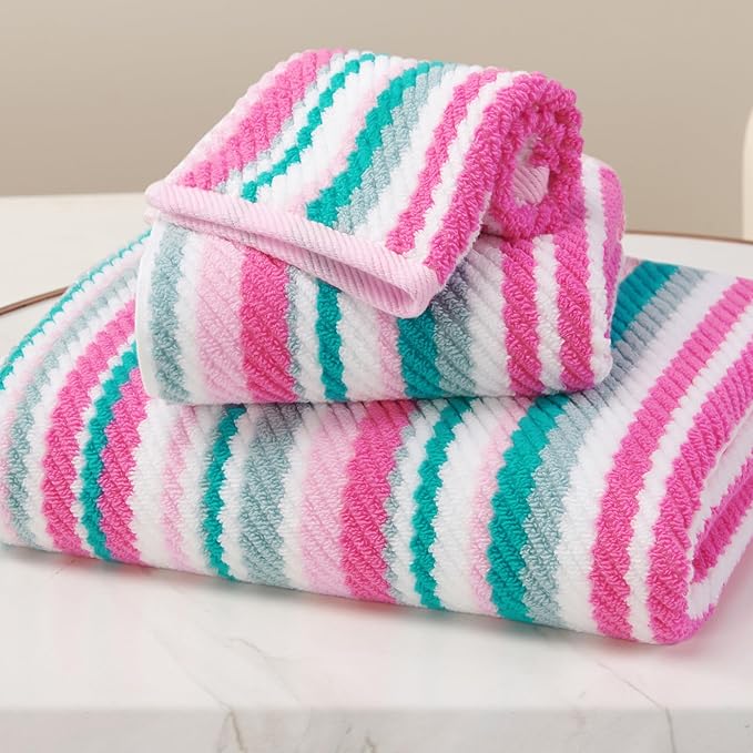 Pink Soft Towel Set (3PC, 100% Cotton), 1 Bath 28"x52", 1 Hand 16"x27", 1 Wash Cloth 13"x13, Quick Dry Towels with Hanging Loop, Striped Absorbent Towels Set for Bathroom & Guest, Pink and Aqua Stripe