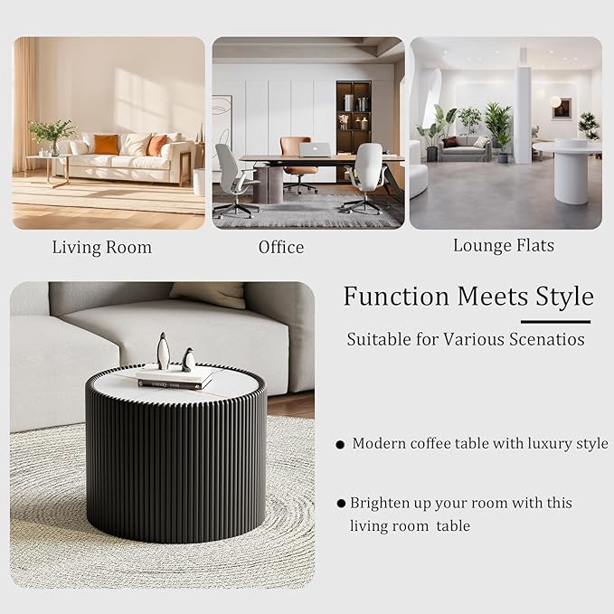 Round Coffee Table Set with Sintered Stone Tabletop, 29.52" Grey Drum Center Table and 17.71" Black Coffee Table Set, 2 Pieces Living Room Table Set with Fluted PU Leather Cover& Stable Base