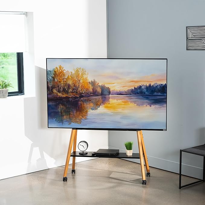VIVO Rolling Artistic 43 to 75 inch LED LCD Screen Mobile Studio TV Easel Stand, Wood Accessory Shelf, Adjustable TV Mount with 4 Walnut Legs, Black Frame, STAND-TV75R
