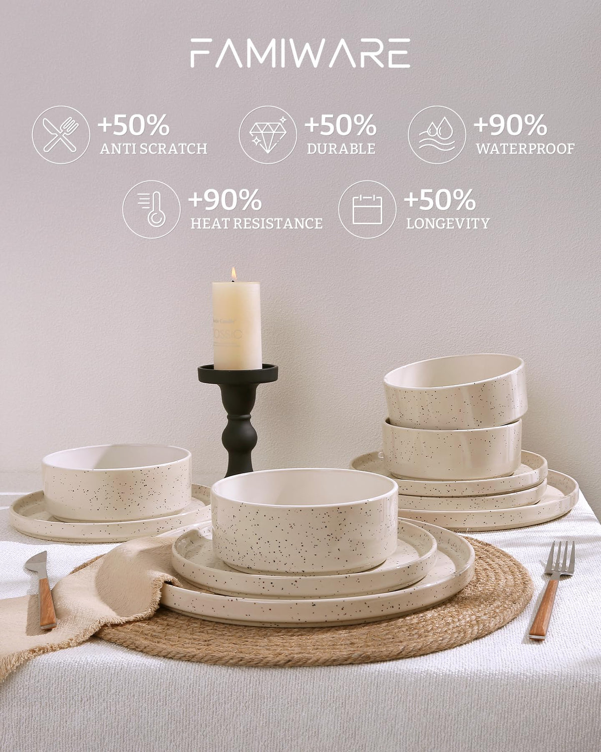 Famiware Nebula Plates and Bowls, 18-Piece Dinnerware Set, White