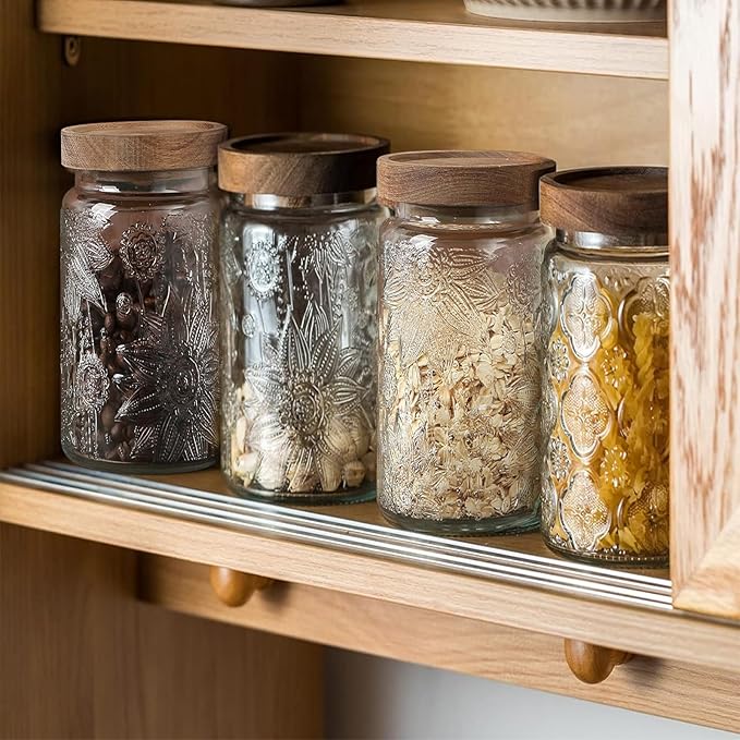 34 OZ Airtight Glass Storage Jar with Bamboo Lid - Vintage Glass Jar Vintage Food Containers Canisters Set for Kitchen Counter & Pantry - Ideal for Sugar, Flour, Coffee, Tea, Candy, Oats, Cereal