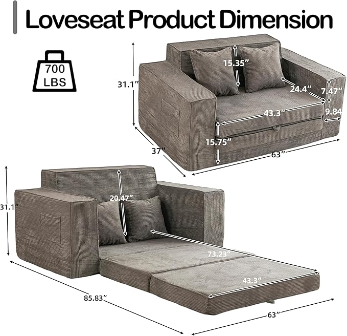 HOMREST Convertible Memory Foam 3-seat Sofa & Loveseat, Pull Out Sleeper Sofa Bed, 2 in 1 Folding Couch Bed, Fold Out Floor Couch Corduroy Fabric with Pillows for Living Room Bedroom Lounge(Grey)
