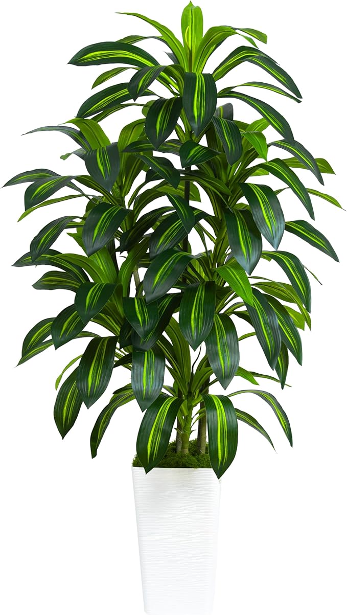 Artificial Dracaena Plant Indoor Fake Tree, Tall Fake Floor Plants with White Planter, Artificial Yucca Tree for Home Office Living Room Bedroom Farmhouse Modern Outdoor Topiary Tree (6 Trunks 5FT)