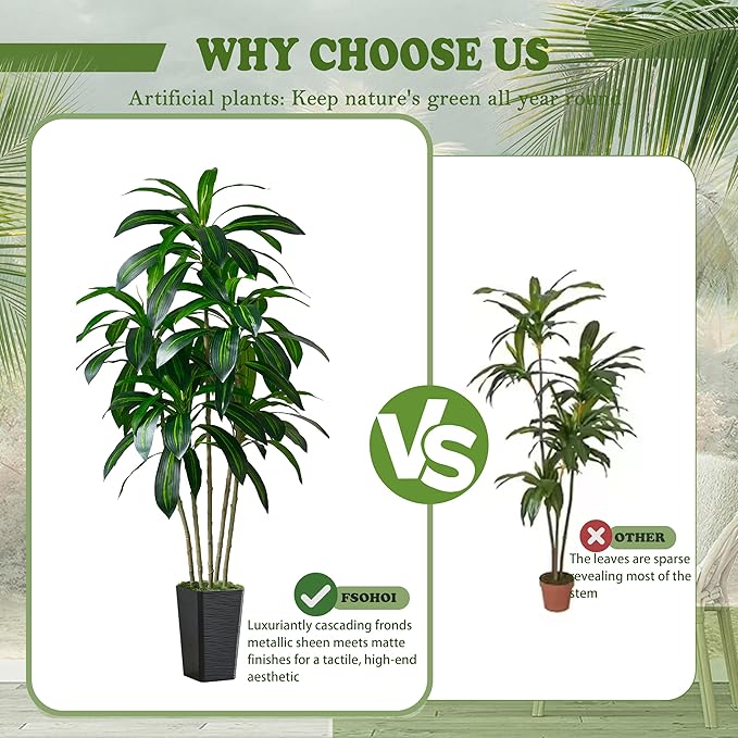 Artificial Dracaena Tree-5FT Tall Fake Plants with Black Tall Square Planter-Artificial Plants Indoor Floor Plant in Pot-Large Tropical Fake Yucca Potted Tree for Home Office Living Room Decor