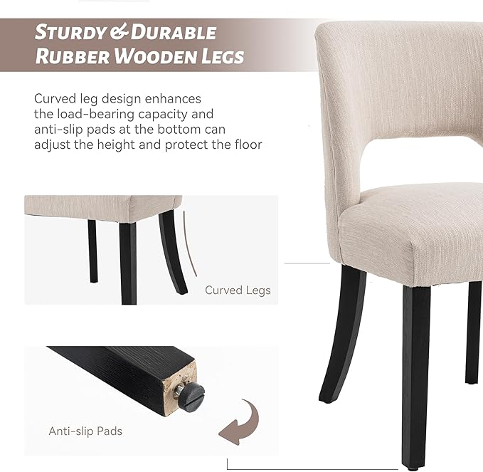 VKNOW Wooden Dining Chairs Set of 2, Modern Fabric Upholstered Dining Room Chair Kitchen Chairs, Farmhouse Dinner Chair for Kitchen Dining Room, Beige-Black Legs