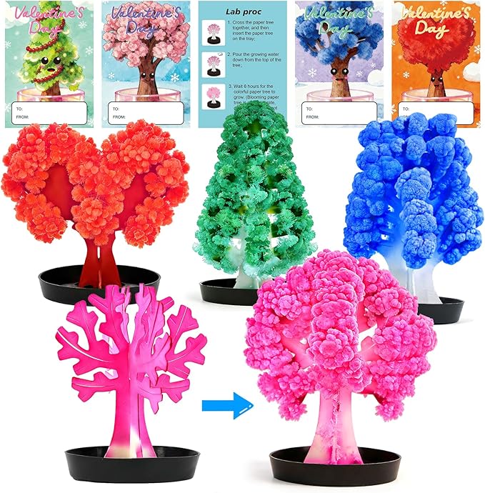 24 Pack Valentine’s Day Growing Crystal Trees Kit With Greeting Cards for Kids STEM Science Experiment Craft Party Favors School Classroom Gifts Exchange Goodie bags for Boys and Girls