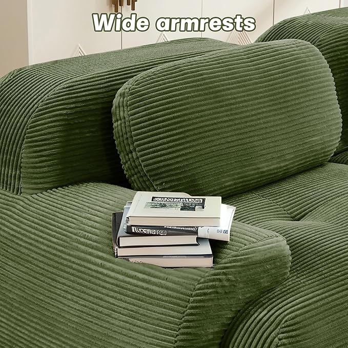 152" Modern Compressed Boneless Couch with Ottoman, 4 Seater Large U Shaped Sectional Couches for Living Room, Green Corduroy Cloud Modular Sectional Sofa, Memory Foam, Extra Deep, No Assembly