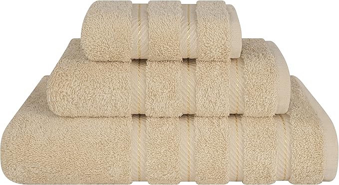 American Soft Linen Premium 3 Piece Towel Set, 1 Bath Towel 1 Hand Towel 1 Washcloth, 600 GSM 100% Cotton Turkish Towels for Bathroom, Beige Towel Set