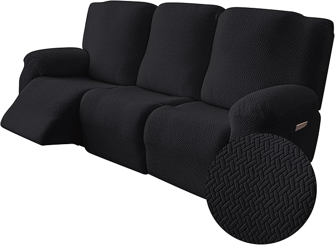 Genina Recliner Sofa Covers - Stretch Reclining Couch Covers with Stripe Jacquard - 3 Seat Cushion Slipcovers with Soft Fabric - Furniture Protector for Pet Kid (Black)