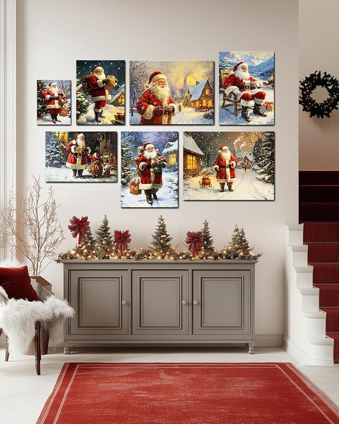 Vintage Santa Claus Christmas Canvas Wall Art - Festive Holiday Painting for Living Room,Bedroom & Bathroom, Cozy Winter Decor Framed Print, Perfect Christmas Gifts & Home Decoration