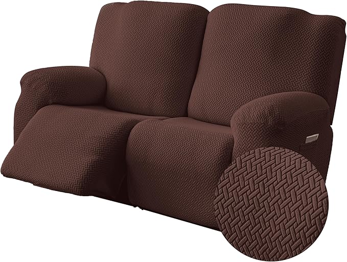 Genina Recliner Loveseat Covers, Stretch Reclining Sofa Covers, 2 Seater Couch Cushion Stripe Jacquard Recliner Slipcovers - Furniture Protector Covers for Pet Kid (Chocolate)
