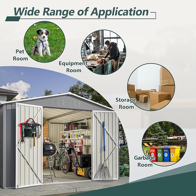 10 x 10FT Outdoor Metal Storage Shed with Lockable Door, Lean to Sheds Outdoor Storage for Garden, Backyard, Patio and Backyard