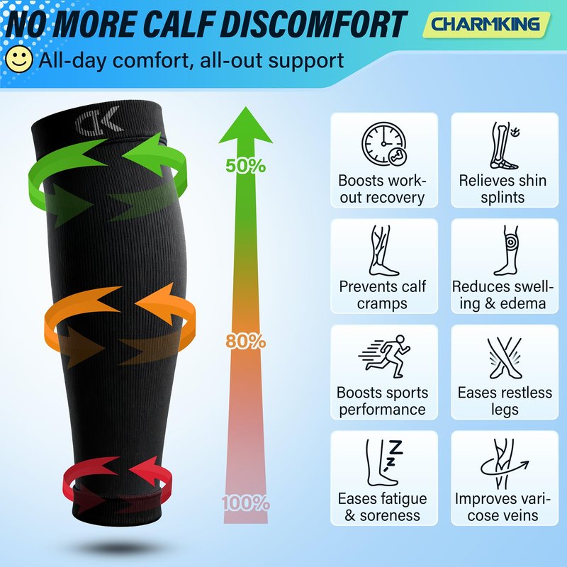 CHARMKING Calf Compression Sleeve for Women & Men Circulation (3 Pairs) 15-20 mmHg - Best Athletic for Running, Cycling, Support - Boost Performance (L/XL, Beige)