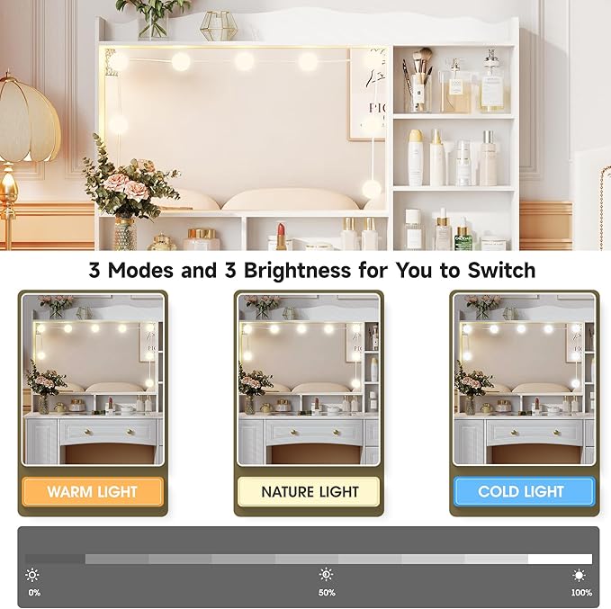 Maupvit 47.1" Makeup Vanity with Mirror and Lights,White Vanity Desk with Drawers and Shelves，Large Makeup Table with Glass Top，Bedroom Dressing Table