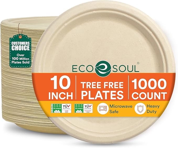 ECO SOUL 100% Compostable Paper Plates 10 Inch [1000-Pack] Biodegradable Heavy Duty Eco-Friendly Disposable Plates for Dinner, Parties, Wedding & Event