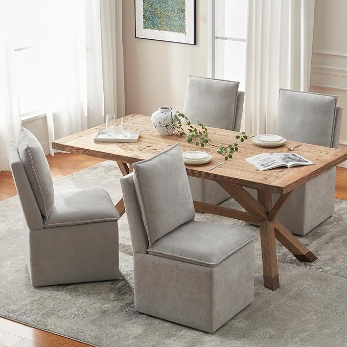 VKNOW Upholstered Dining Chairs Set of 2, Modern Rolling Chairs with Storage and Wheels, Linen Armless Chair with Cushion and Backrest, Dining Room Chairs for Living Room Kitchen Bedroom, Light Grey