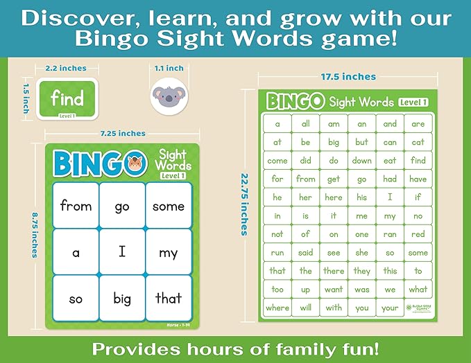 Bright Seed Sight Words Bingo Game for Kindergarten, Learn to Read Sight Word Cards, Word Games for Kids Ages 4-8, Bingo Sight Words Level 1&2, Laminated for Easy Clean