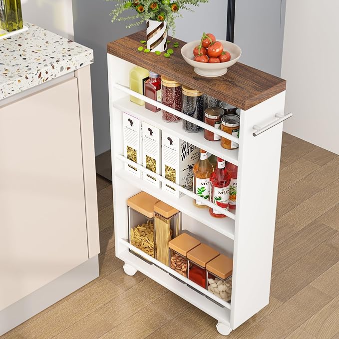 Tribesigns Slim Storage Cart, Rolling Narrow Kitchen Cart on Wheels for Small Place, 4-Tier Slide Out Slim Utility Cart Skinny Laundry Cart with Handle for Kitchen, Bathroom, Laundry