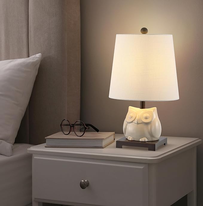JONATHAN Y 16" Antique White Ceramic Owl Mini Table Lamp for Bedroom or Office, Modern Farmhouse Nightstand Lamp with White Linen Shade, LED Bulb Included (JYL3014B)