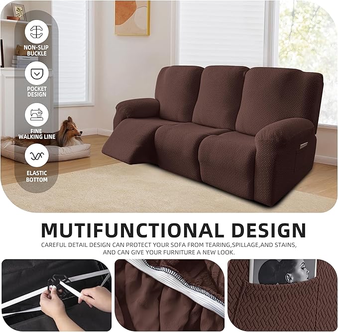 Genina Recliner Sofa Covers - Stretch Reclining Couch Covers with Stripe Jacquard - 3 Seat Cushion Slipcovers with Soft Fabric - Furniture Protector for Pet Kid (Chocolate)