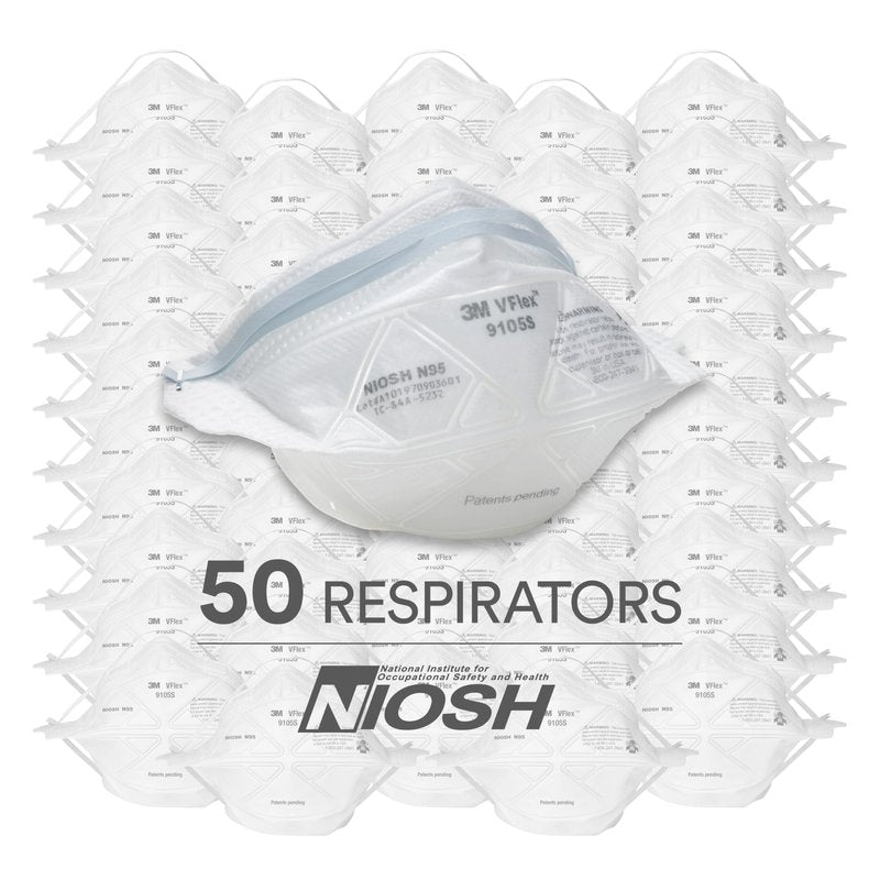 3M N95 Disposable Respirator, VFlex Particulate Respirator 9105S, Small Size, Box of 50, NIOSH Approved, Sweeping, Sanding, Grinding, Sawing, Bagging, Dust