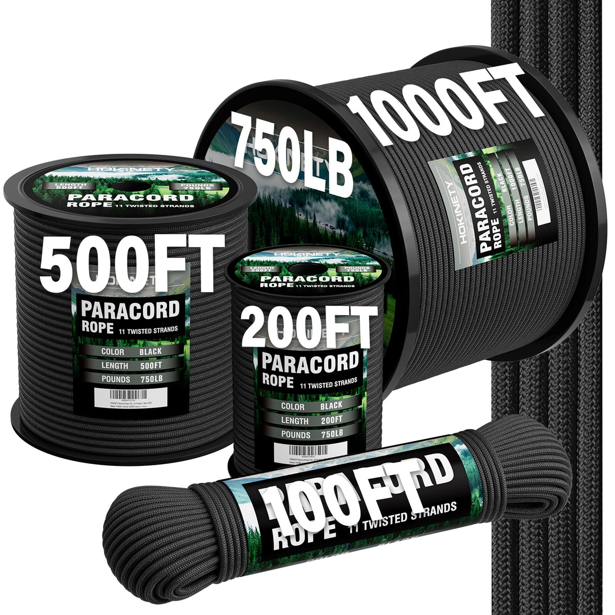 HOKINETY Paracord Rope 750 - Parachute para Cord 4mm 11 Strand Spool Rope Utility Nylon String for Outdoor Camping Survival Utility Tent Crafting DIY Projects - Black 100ft