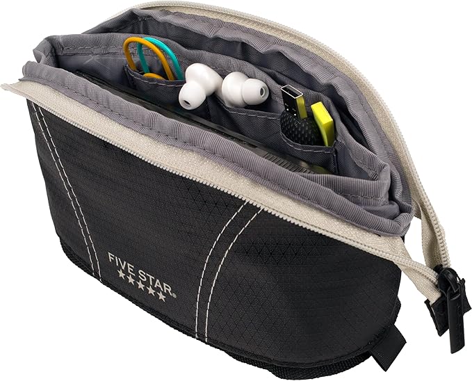 Five Star Pencil Pouch, Pen Case, Quick View Expandable Zipper Pouch, Storage Organizer for School Supplies Earbuds Chargers Cables Makeup, Black/Grey (507610A-ECM)