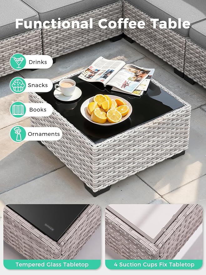 13 Piece Outdoor Wicker Rattan Sectional Sofa Set with Swivel Chairs & Fire Pit Table, 9-Seats with 4" Thickened Cushions & Coffee Table, All-Weather PE Rattan for Garden, Backyard, Porch, Grey