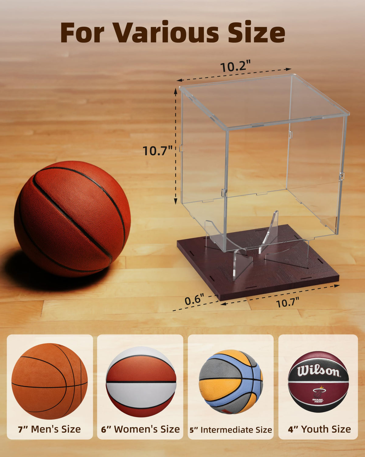 Fitense Full Size Acrylic Basketball Display Case with Solid Wood Base