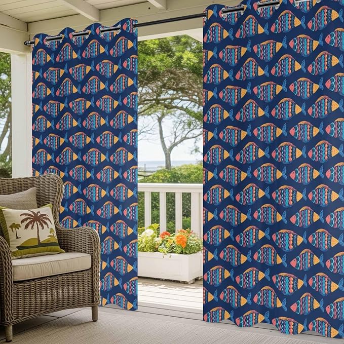 Fish Outdoor Curtains for Patio Vintage National Wind Fish Blue Waterproof