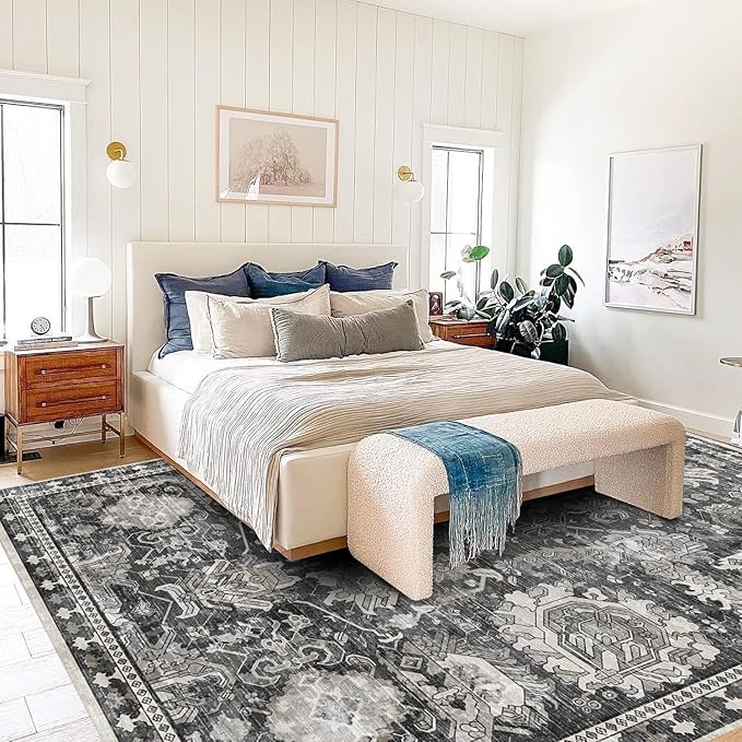 RUGSURE Washable Area Rugs - Perfect for Living Room, Bedroom, Kids Room, Nursery - Stain & Water Resistant Non-Slip, Pet & Child Friendly, Vintage Tribal Area Rugs (Grey, 9' x 12')