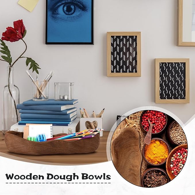 Nuogo 1 Pack 16 Inch Wavy Live Edge Dough Bowl Large Size Wood Rustic Dough Bowl Decorative for DIY Farmhouse Home Supplies Kitchen Decoration(Dark Color)