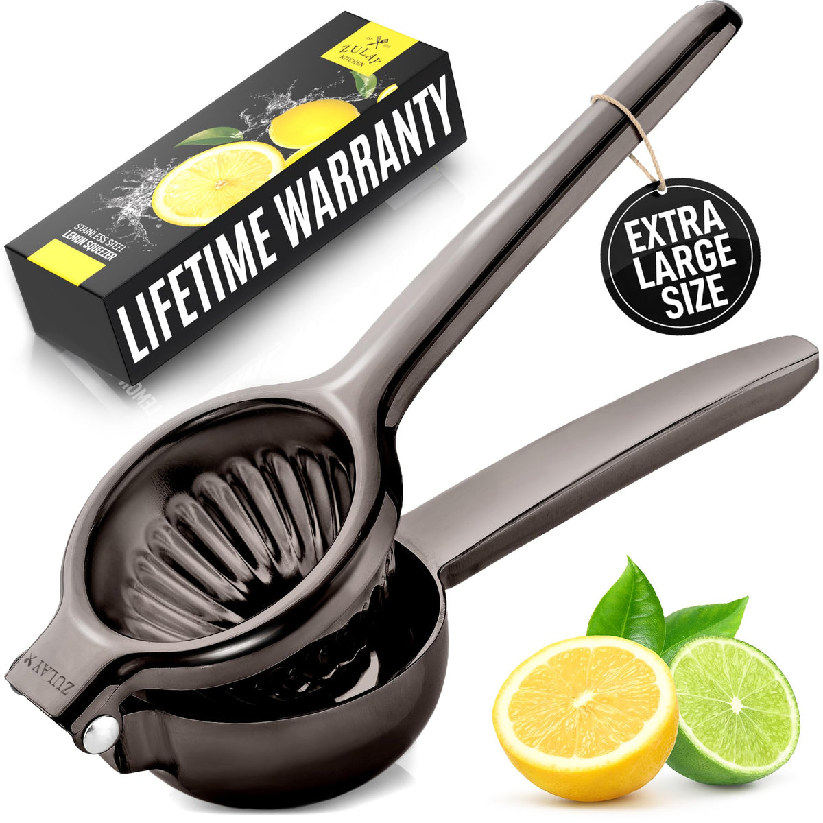 Zulay Kitchen Extra Large Lemon Squeezer Stainless Steel - Easy Squeeze Heavy Duty Lemon Juicer Hand Press - Ergonomic Citrus Squeezer & Fruit Juicer for Small Oranges, Lemons, & Limes - Silver