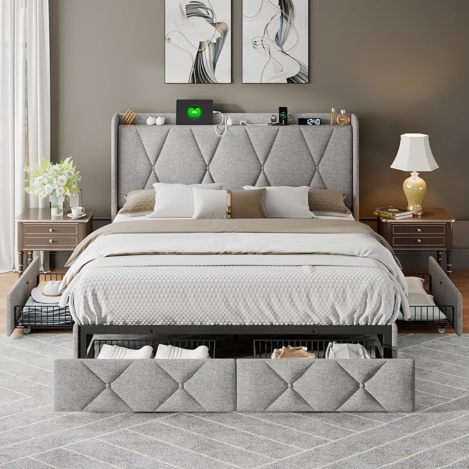 Feonase Full Bed Frame with 4 Storage Drawers, Upholstered Button Tufted Storage Headboard with Fast Charging Station, Heavy Duty Slats Support, No Box Spring Needed, Noise-Free, Light Grey