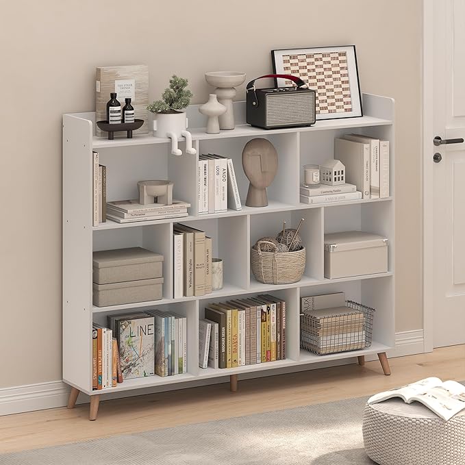 Furinno Claude Book Shelf, 10-Cube Mid Century Style Bookshelf, Bookcase, Storage Organizer with Wood Legs, 9.4" x 55.1" x 45.1", for Living Room, Bedroom, Home Office, White