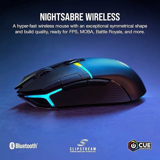 Corsair NIGHTSABRE RGB Wireless Gaming Mouse for FPS, MOBA - 26,000 DPI - 11 Programmable Buttons - Up to 100hrs Battery - iCUE Compatible - Black