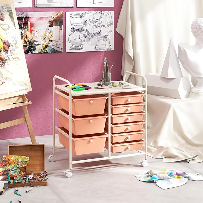 COSTWAY Rolling Storage Cart with 9 Drawer, Mobile Utility Cart with Metal Frame, Art Supply Craft Organizer, Multipurpose Storage Organizer for Paper, Office, School Teacher, Classroom, Peach