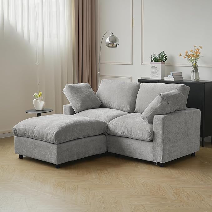 JACH 67" Love Seat Sectional Couches with Chaise Ottoman, Modern Convertible Modular Sofa, Cloud Sectional Couch, Sofa Covers Washable, Minimalist Couch for Living Room, Bedroom, Apartment, Light Grey