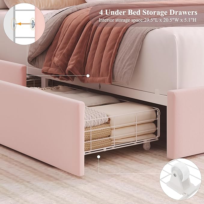 HOSTACK Full LED Bed Frame with Storage Headboard and Charging Station, Girls Bed Frame with 4 Drawers and USB Ports, Velvet Upholstered Platform Bed Frame with Bookcase, No Box Spring Needed, Pink