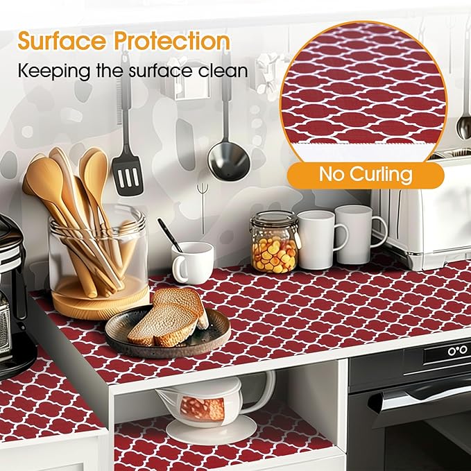 Shelf and Drawer Liner for Kitchen Cabinets Non-Adhesive, Strong Grip Non-Slip Thickened Cabinet Liners for Shelves, Waterproof Mats for Dresser Cupboard, Red/White, 23 in x 30 Feet