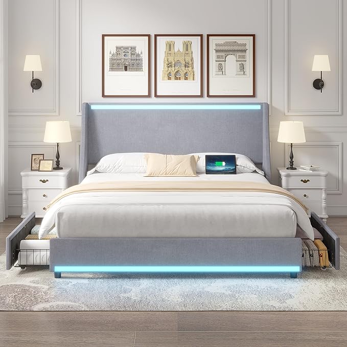 VECELO Full Size Bed Frame with Storage Drawers, Upholstered Platform Bedframe with Wingback Headboard, No Box Spring Needed, Light Grey