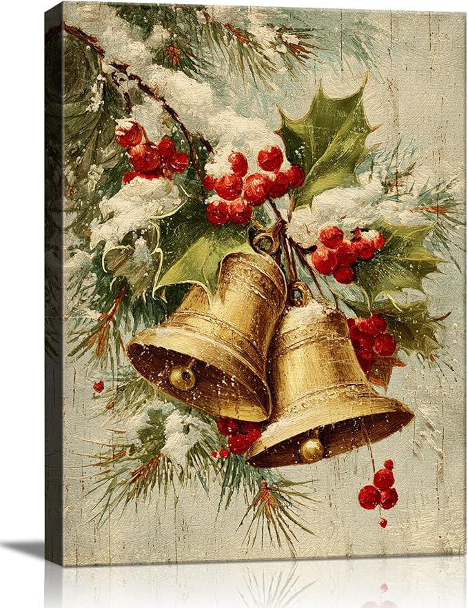 Vintage Golden Bells & Holly Berries Christmas Canvas Wall Art - Rustic Winter Holiday Framed Print for Living Room, Elegant Christmas Wall Decor, Ideal Christmas Gifts & Festive Decorations