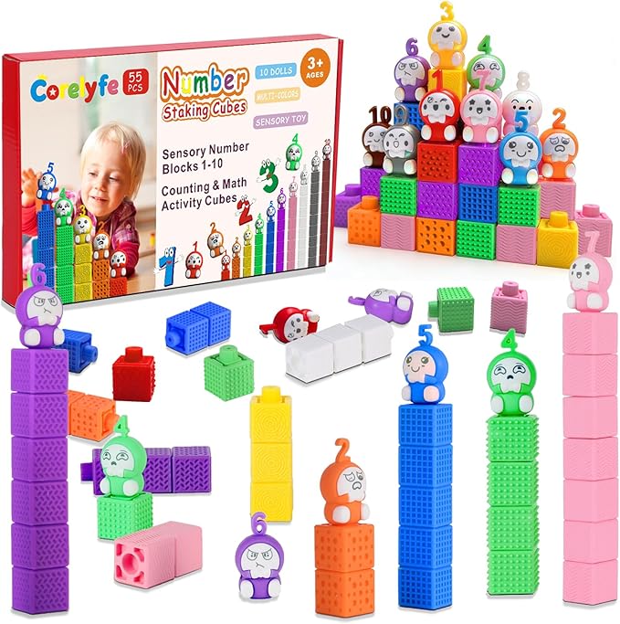 Number Learning Sensory Stacking Cubes: 65PCS Soft Number Counting Blocks for Toddlers Ages 3-6 - STEM Math Learning Toys with 1-10 Figurines, Preschool Sensory Activities for Kids Boys & Girls