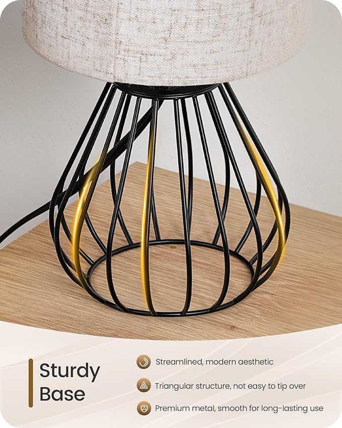 Small Bedside Table Lamp, Black Table Lamp with Metal Cage & Linen Lampshade, Modern Cute Desk Lamp, Cozy Nightstand Lamp for Bedroom, Living Room, Office, 2700K LED Bulb Included, E06TL05
