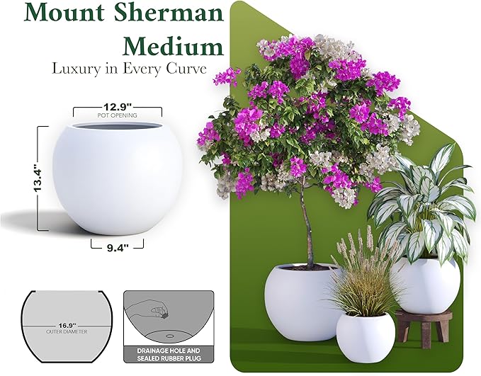 DTY Signature Mount Sherman Modern Indoor Outdoor Fiberstone Sphere Planter, Durable Round Garden Pot, Weather Resistant, Drainage Hole & Rubber Plug, Planter for Christmas Tree - Medium, White