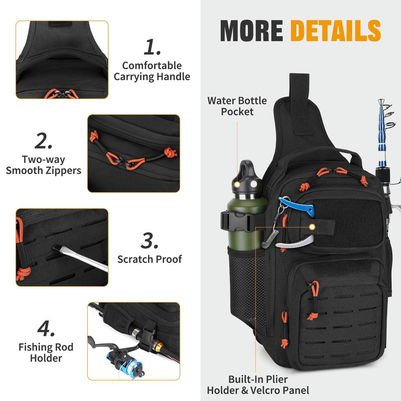 HUNTVP Fishing Sling Bag Lightweight Tackle Bag Small Fishing Backpack Tactical Shoulder Sling Bags with Rod Holder, Storge Gear and Equipment, Gifts for Men (Black)