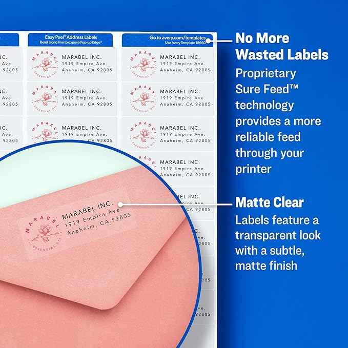 Avery Matte Clear Address Labels, Sure Feed Technology, Laser, 1" x 2-5/8", 750 Labels, 5 Packs (5630)