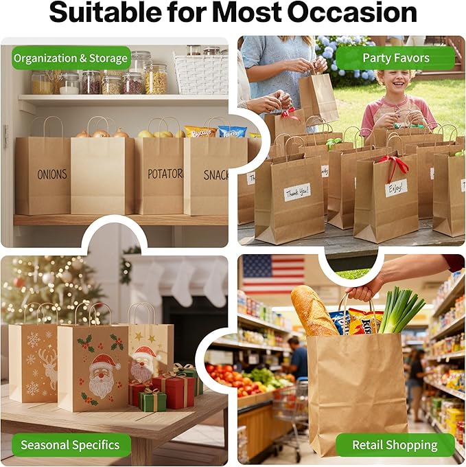 Simple Deluxe Value Pack of 150 Kraft Paper Bags with Handles (10x5x13 Inch) - Made in USA from 90GSM 100% Recycled Paper for Retail, Bulk Savings for Retail, Stores & Gift Packaging