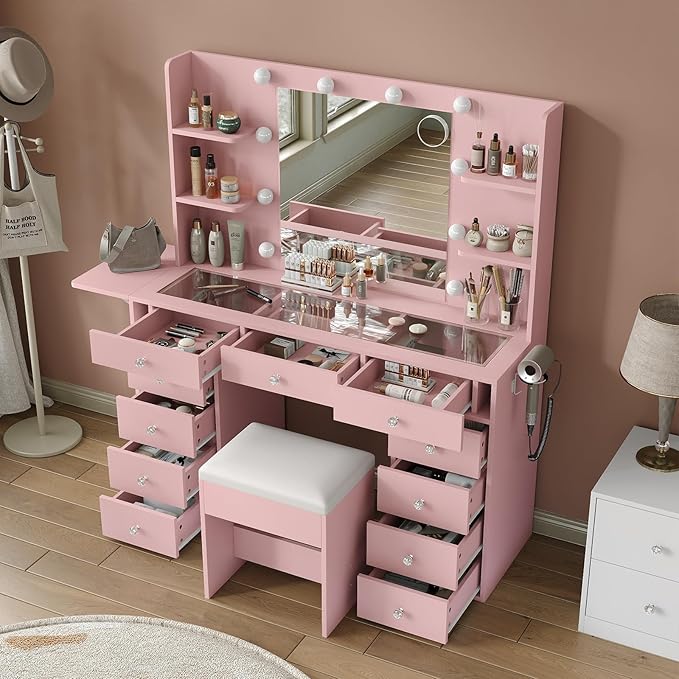 Vanity Desk with Power Outlet, 11 Drawers Makeup Vanity with Lighted Mirror, 3 Colors Adjustable, Glass Top Vanity with Chair, 4 Shelves and Fold-up Panel, Dressing Table for Bedroom, Pink
