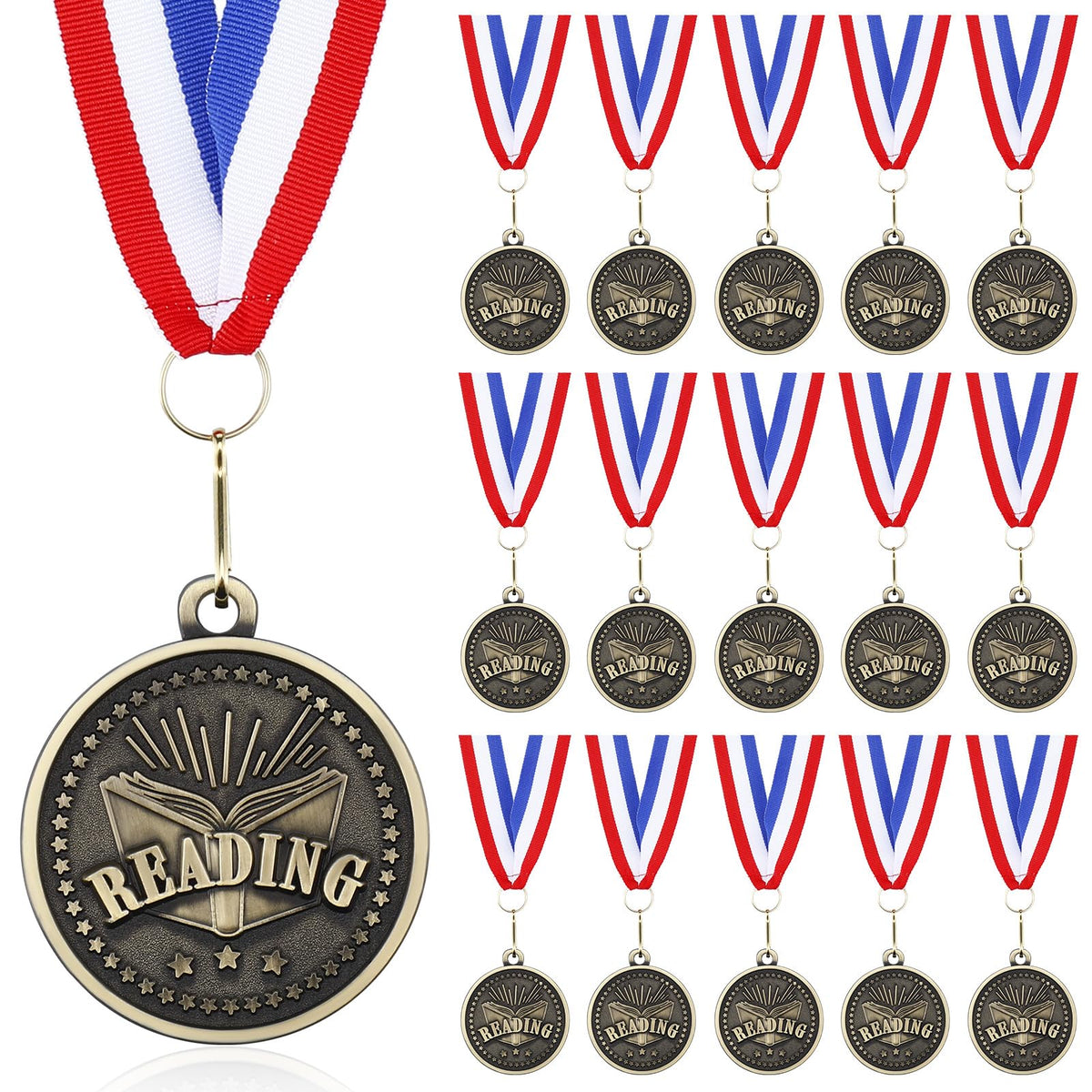 Loetere 36 Pcs Reading Book Medals 2'' Gold Reading Award Medals with Neck Ribbon Book Worm Award Prize Gift for Scholastic, Competitions